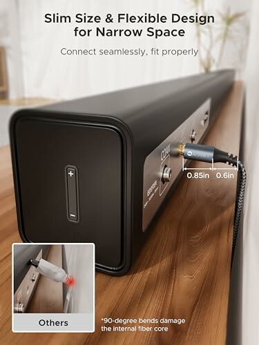Slim soundbar with flexible design for narrow spaces, highlighting seamless connection.