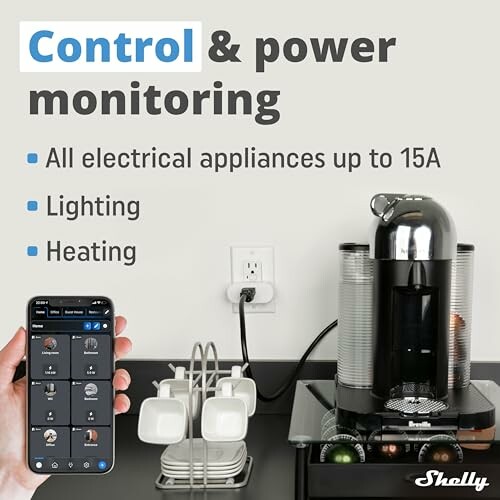 Smartphone controlling appliances with Shelly device, coffee maker connected.