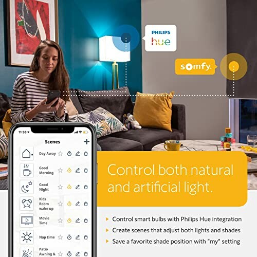 Woman using smartphone to control smart home lighting with app interface.