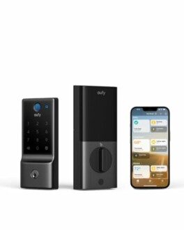 Smart lock with keypad and phone displaying app interface