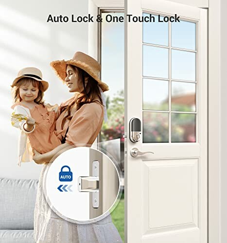 Mother holding child near door with smart lock feature