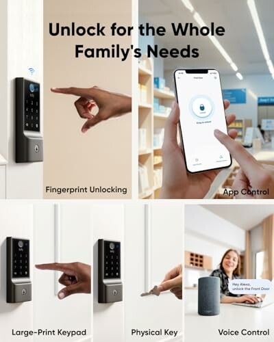 Smart lock features: fingerprint unlocking, app control, large-print keypad, physical key, voice control.