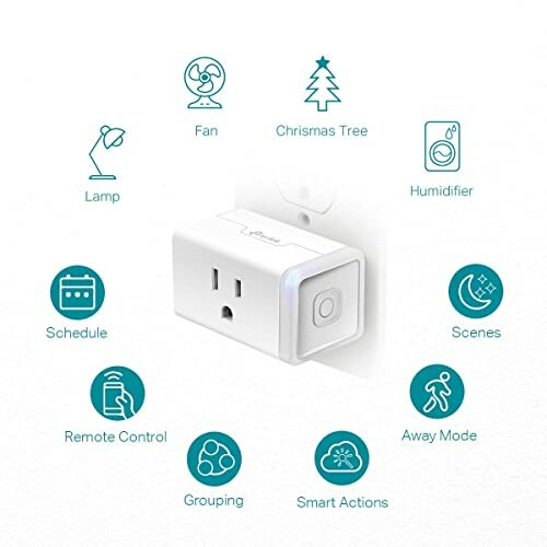 Smart plug with icons for features like lamp, fan, and Christmas tree control.