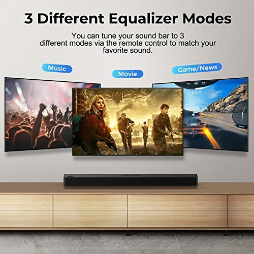 Soundbar with three equalizer modes: music, movie, game/news, for optimal audio performance.