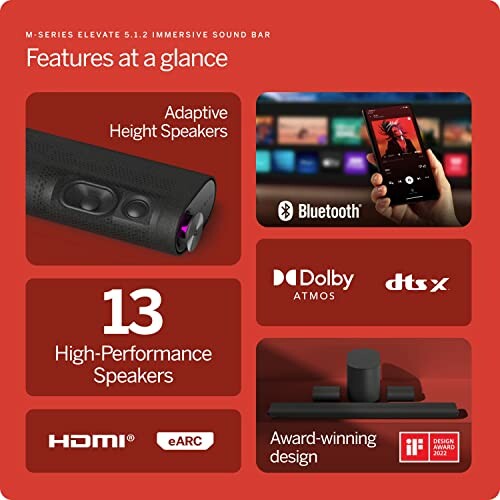 Soundbar features: adaptive height speakers, Bluetooth, Dolby Atmos, DTS:X, 13 high-performance speakers, HDMI, eARC, award-winning design.
