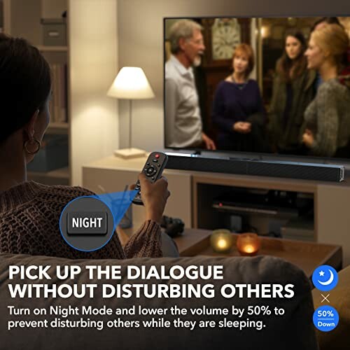 Person using a remote to activate night mode on a soundbar while watching TV.