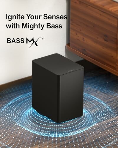 Black subwoofer emitting sound waves with text 'Ignite Your Senses with Mighty Bass'