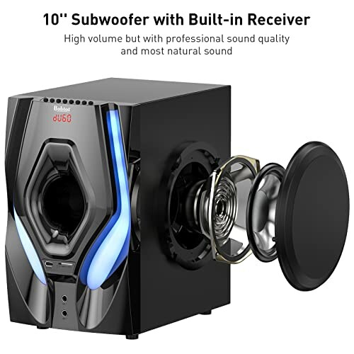 10-inch subwoofer with built-in receiver, showcasing internal components.