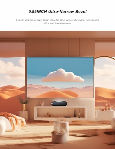 TV with ultra-narrow bezel on wall, desert landscape on screen