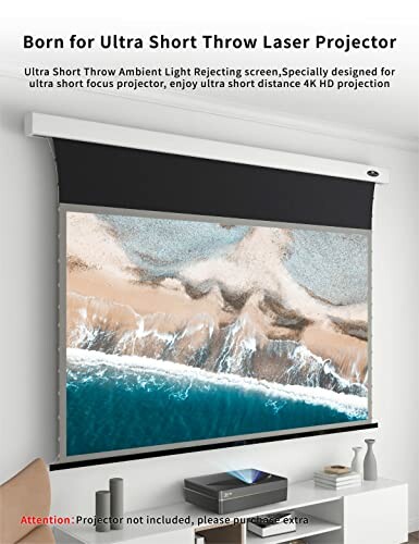 Ultra short throw projector screen displaying beach image.