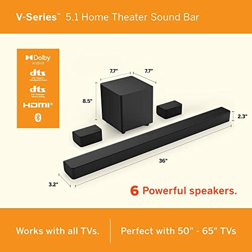 The V-Series 5.1 home theater sound bar with a sleek and modern design, compatible with 50 to 65 inch TVs.