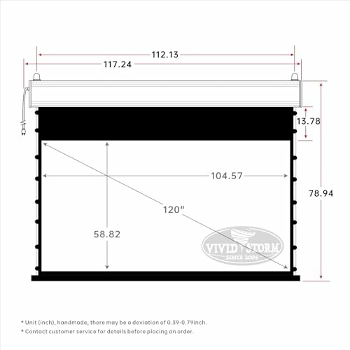 Diagram of Vividstorm projector screen with measurements in inches.