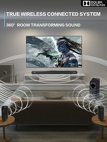 Home theater system with TV and speakers displaying a movie scene.