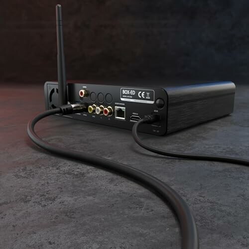 Back view of a wireless receiver device with various ports and cables.