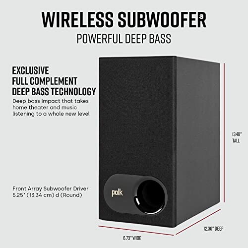 Polk wireless subwoofer with deep bass technology and front array subwoofer driver.