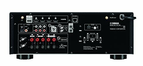 Back panel of a Yamaha audio receiver with various input and output ports.