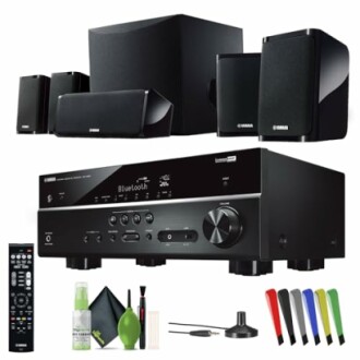 Yamaha home theater system with speakers, remote, and accessories.
